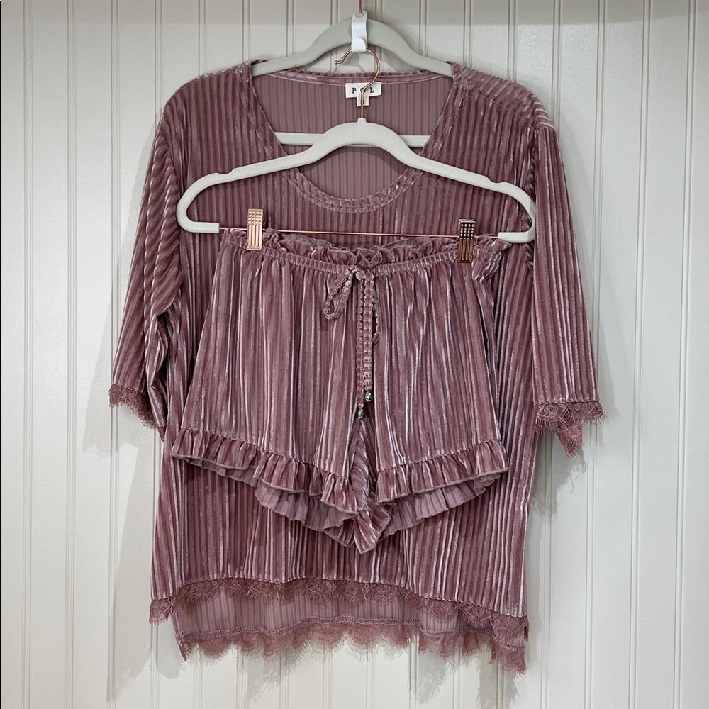 POL Pink High Low Velvety Lace Ruffle Top Short Lounge set NWOT